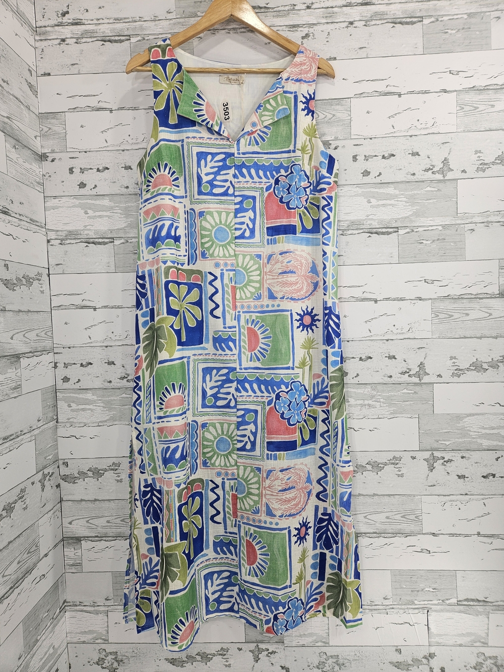 Sleeveless Geometric Floral Maxi Dress in Blue, Green & Pink Linen Blend‎